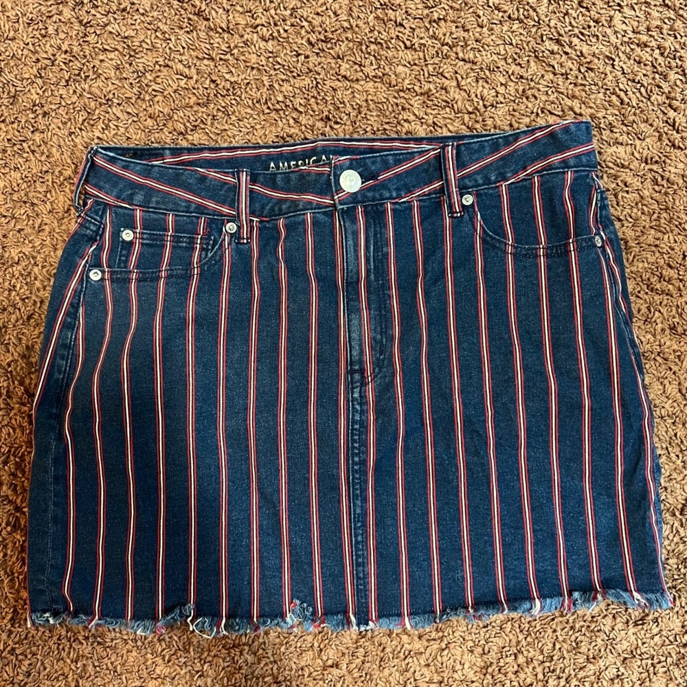 American Eagle Striped Denim Mini Skirt Womens 16 Blue Red White Raw Hem Stretch